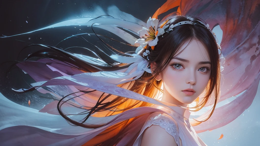 32k, Masterpiece, Highest quality, One girl, Detailed eyes, flower,Alstroemeria, White and orange style,A dreamy, romantic piece,Pale purple, Mysterious Leaves,A playful arrangement,Fantasy,High Contrast,Ink strokes,explosion,Exposure, Impression of white and orange tones,Abstract,((Watercolours by John Berkey and Jeremy Mann )) Brush strokes,Negative Space, Tyndall effect,