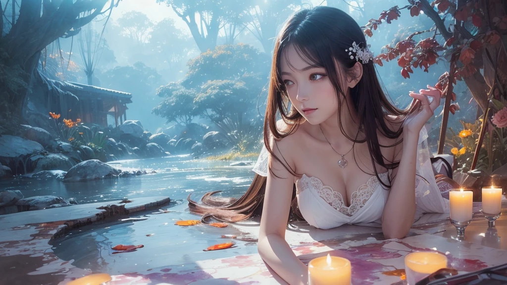 32k, Masterpiece, Highest quality, One girl, Detailed eyes, flower,Alstroemeria, White and orange style,A dreamy, romantic piece,Pale purple, Mysterious Leaves,A playful arrangement,Fantasy,High Contrast,Ink strokes,explosion,Exposure, Impression of white and orange tones,Abstract,((Watercolours by John Berkey and Jeremy Mann )) Brush strokes,Negative Space, Tyndall effect,