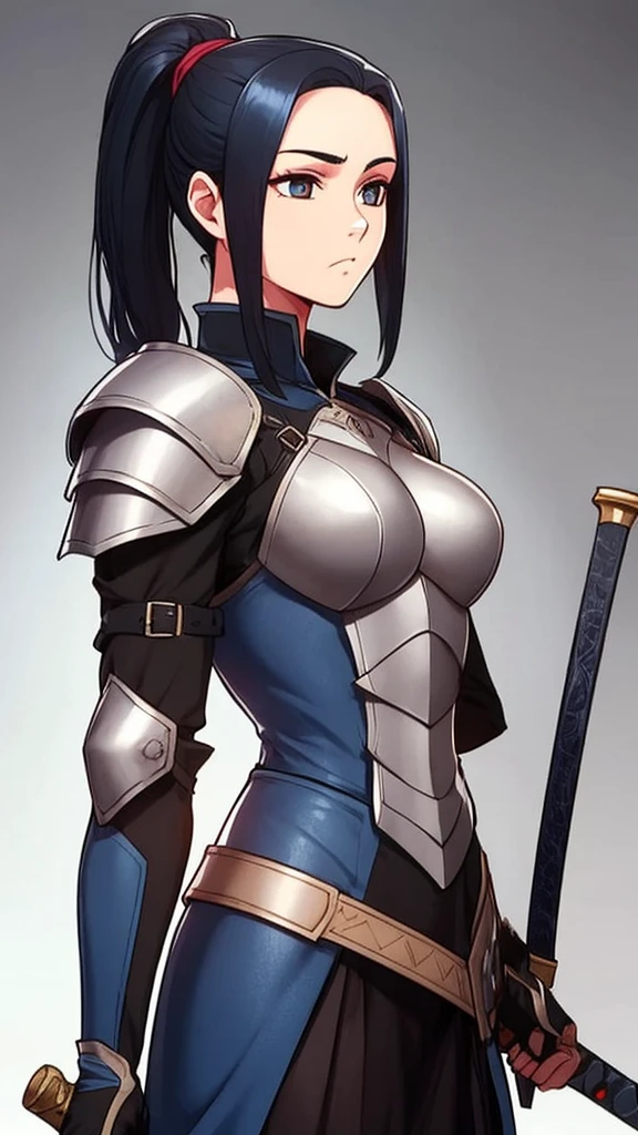 1girl,solo,long hair,black hair,ponytail,weapon,male focus,sword,grey background,armor,shoulder armor,realistic