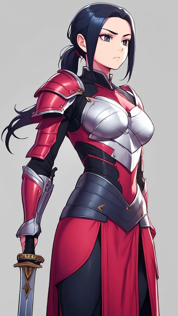 1girl,solo,long hair,black hair,ponytail,weapon,male focus,sword,grey background,armor,shoulder armor,realistic