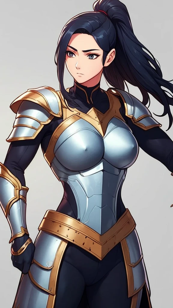 1girl,solo,long hair,black hair,ponytail,weapon,male focus,sword,grey background,armor,shoulder armor,realistic