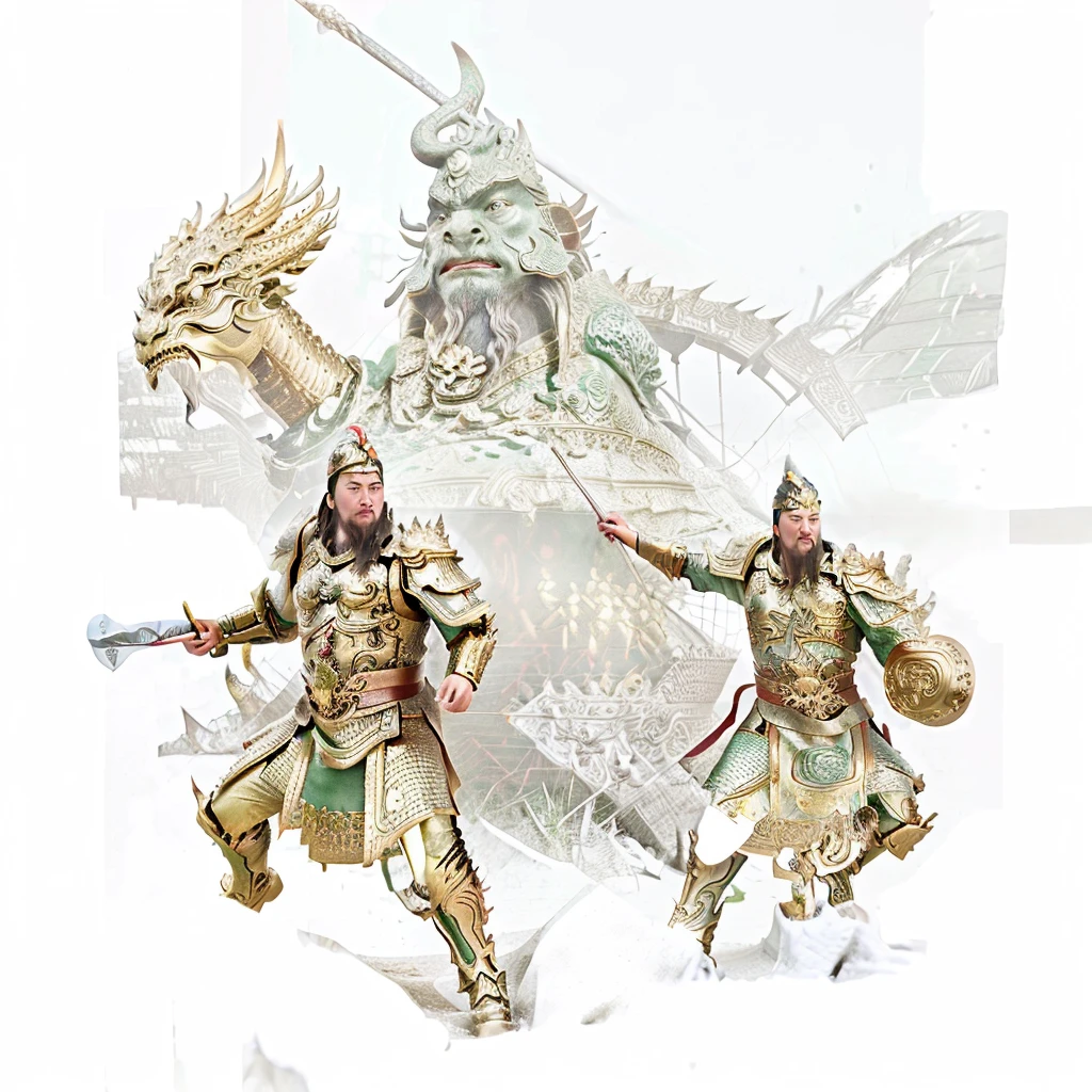 an ancient chinese warrior, with gold armour, red robe, holding silver melon look hammer, ridding on green dragon head monster.