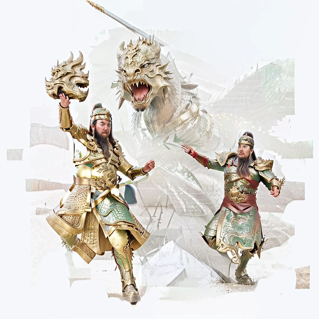 an ancient chinese warrior, with gold armour, red robe, holding silver melon look hammer, ridding on green dragon head monster.