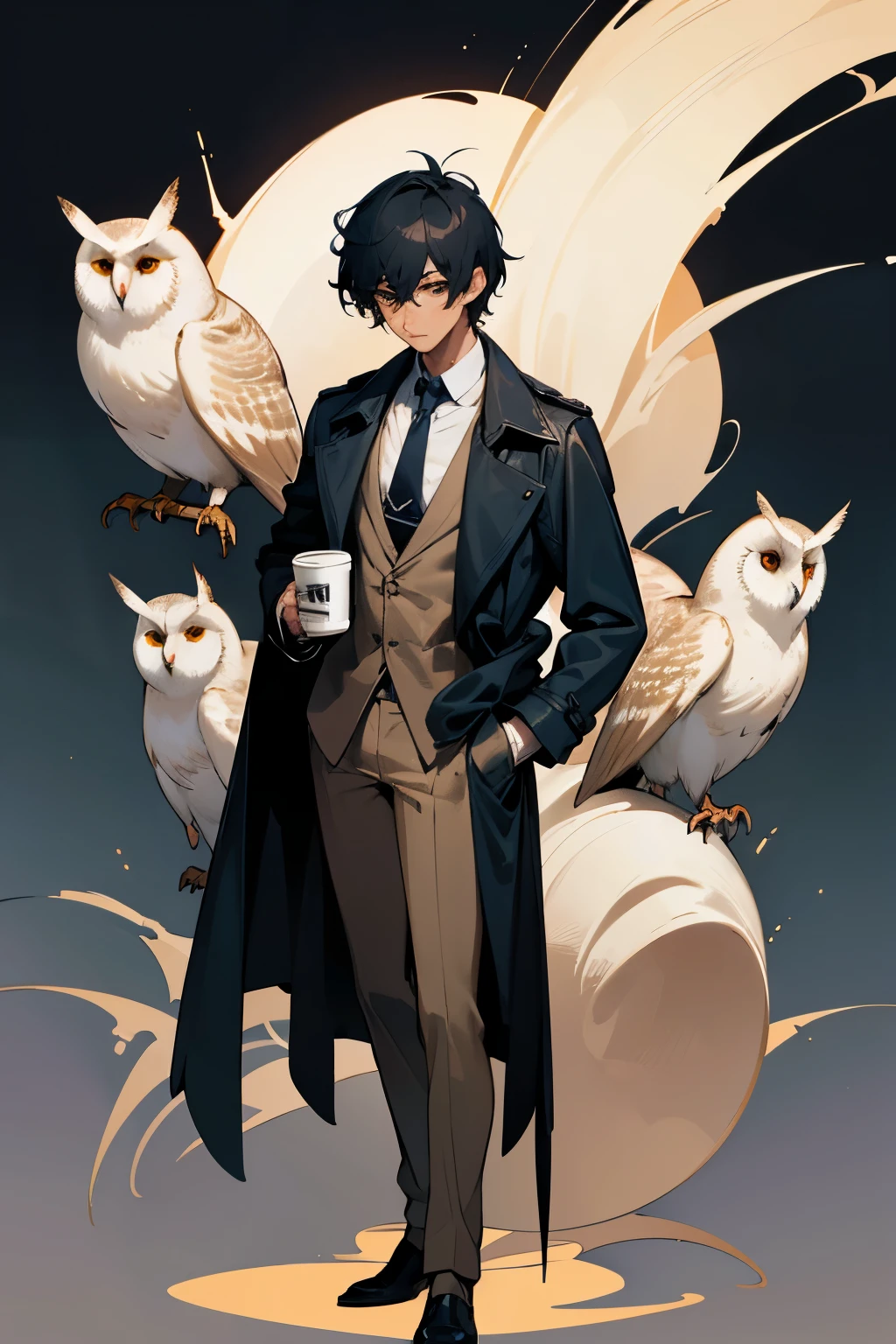 4k, masterpiece, cozy, 1 male, messy black hair, long trench coat, dark blue trench coat, white shirt, necktie, tired face, tan skin, full body portrait, short hair, masculine, tan skin, tan skin, standing,holding thermo cup,thermo cup,barn owl sitting on shoulder