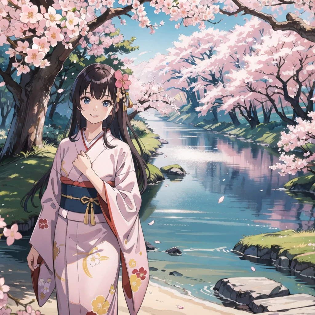 (best quality, masterpiece), 1 Girl, 20 years old, amazing, Lovely, Warm smile, kimono,Hands down,Sunlight,Cherry blossoms,landscape