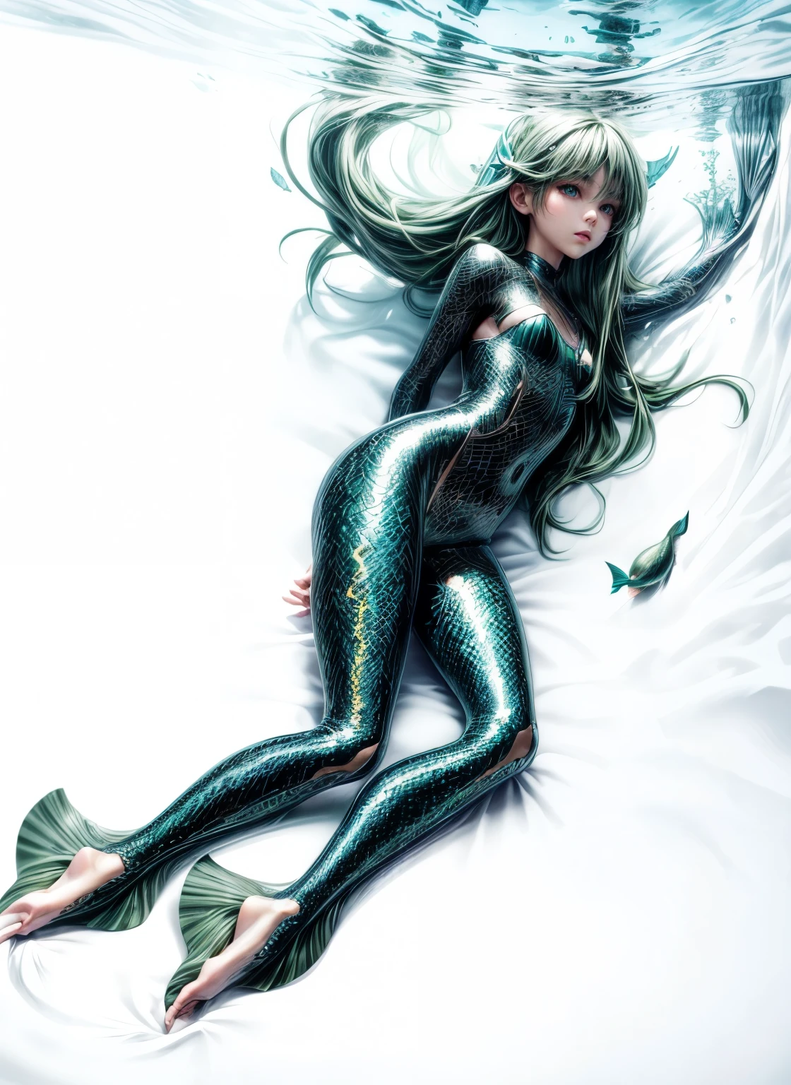 masterpiece, Highly detailed, super realistic, bright Lighting,
beautiful face, beautiful eyes, 8k,
,1girl, solo,(mermaid style),
( girl),
(Long straight dark green hair:1.5),
(fin and serif :1.5),(beautiful legs:1.5),
(slender:1.5), (pretty face),(Small buttocks),(thighs),(pretty face),
(There is a fin behind the ear),
(Inside the aquarium),(underwater),