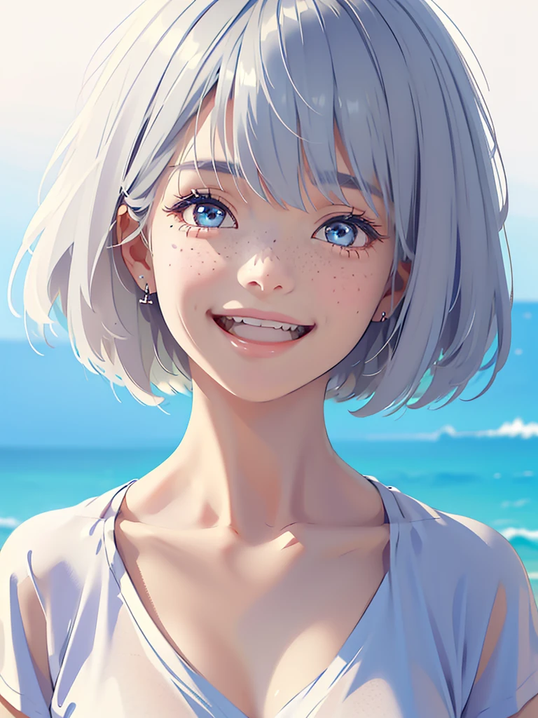 ((masterpiece)), ((best quality)), (ultra-detailed), ((extremely detailed)), 4K, (8K), best quality, (beautiful), a beautiful woman, ((beautiful light gray hair)), shiny hair, ((fluffy bob cut)), light blue eyes, detailed skin, freckled skin, flushed cheeks, 25 years old, beautiful  lips, smile, grin, smile while showing one's teeth, laugh lines, ((smile open-mouthed)), upper and lower teeth, ((Open mouth)), solid white background, oversized t-shirt, graphic t-shirt,