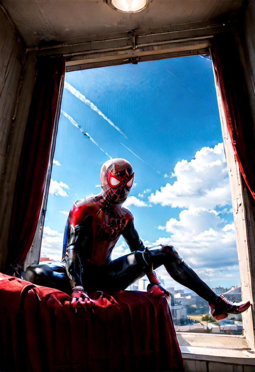 teenager dressed as spider man miles morales , Playing mobile game, view from a little further away Rio Grande do Sul Pampas , no electricity, in his bedroom