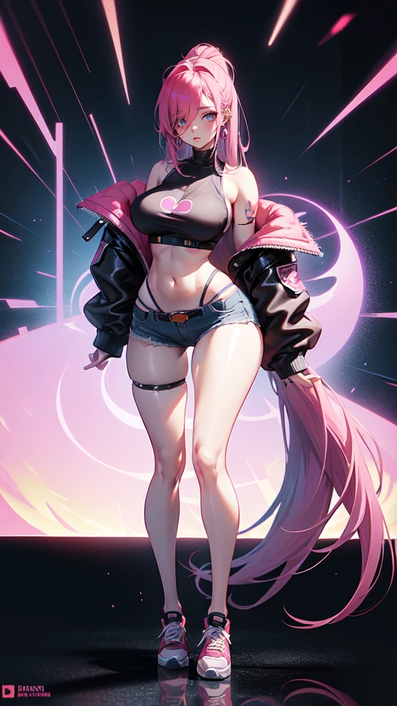 (blank background), (((full body framing))), standing, (masterpiece), (best quality), huge girl, (muscular girl:0.8), (thin hair:1.7), (long blue jeans), massive breast, hair over one eye:1.4, sport bra, (fuchsia hair), belt under navel, sneakers, ((long legs:1.6)), rock band shirt, cute:1.8, adorable:1.8, leather jacket, cyberpunk girl, ear piercings, earrings, tatoo, (very curvy:1.3), 1girl, solo, (curvy:1.4)