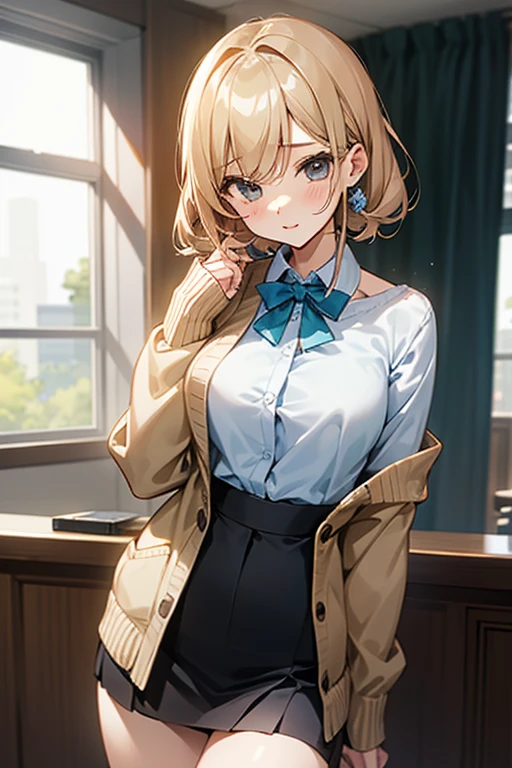 beautiful girl、Office Casual Fashion、ノースリーブのパーカー、チョーカー、ハンドカバー、Tight skirt style、slender、Model Body Type、Ideal Style、 Slim and cute、No buttons、Put on a bolero、One off-the-shoulder brown cardigan、JK、high school girl、髪を後ろで纏めている