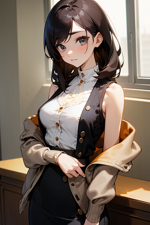 beautiful girl、Office Casual Fashion、black Sleeveless high neck knit、Delicate embroidery、Tight pants style、slender、Model Body Type、Ideal Style、 Slim and cute、No buttons、Put on a bolero、One off-the-shoulder brown cardigan
