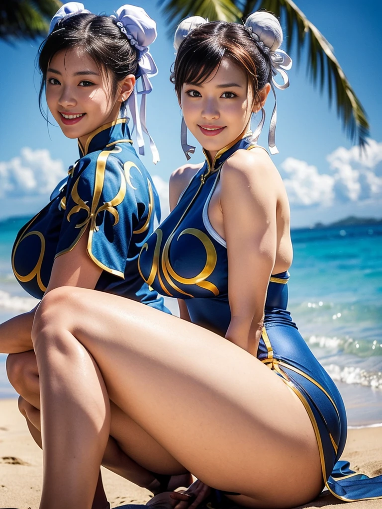 (((ChunLi:1.5、Chun-Li)))、Ultra-high resolution, (Photorealistic:1.4), Japanese, (Beautiful:1.1), (One Woman:1.5), (Age 35:1.3), (Photorealistic photos:1.2), in 8K, Neat bangs, Enlarge the background, (独奏:1.5),、Japanese actress、smile、A smile that seems to burst with joy、whole body、Thick thighs、Is doing a high kick,Beach