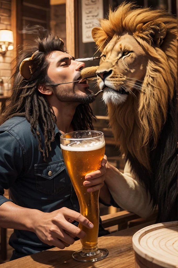 Lion drinking beer and smoking hookah