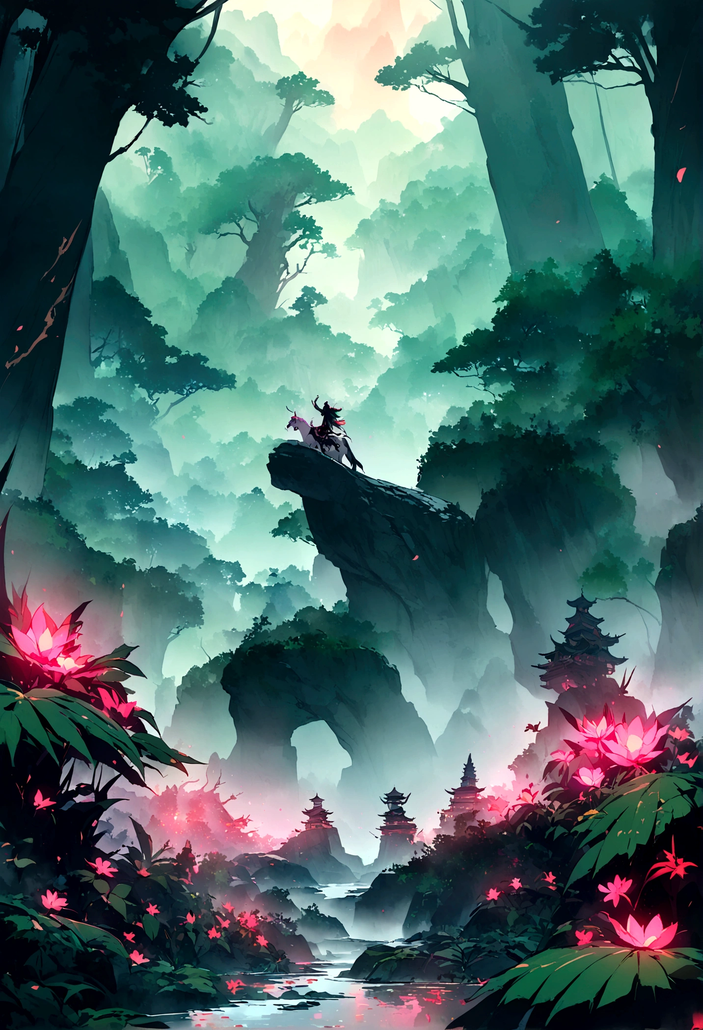 Small exotic beast running in the mountains。Lots of glowing plants,Mysterious forest,Fog was raging,Star bright,Mysterious and dreamy,Chinese style,Immortal World,Xianxia World,nobody