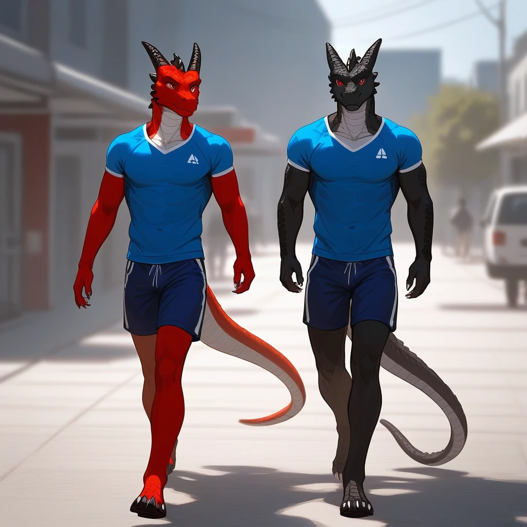 Duo, Score_9, score_8_up, an anthro dragon male, tall, athletic body, black and red dragon male, (black and red scaley body):1.3, black dragon, red eyes, he is wearing a blue sports shirt and shorts, walking, looking to his left at other character, he is with an Anthro furry female cat girl, they are outdoors, simple background, upper body shot, 