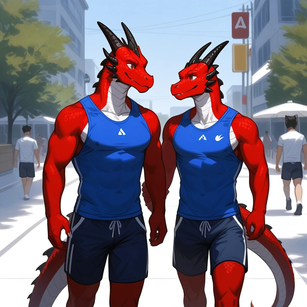 Duo, Score_9, score_8_up, an anthro dragon male, tall, athletic body, black and red dragon male, (black and red scaley body):1.3, black dragon, red eyes, he is wearing a blue sports shirt and shorts, walking, looking to his left at other character, he is with an Anthro furry female cat girl, they are outdoors, simple background, upper body shot,