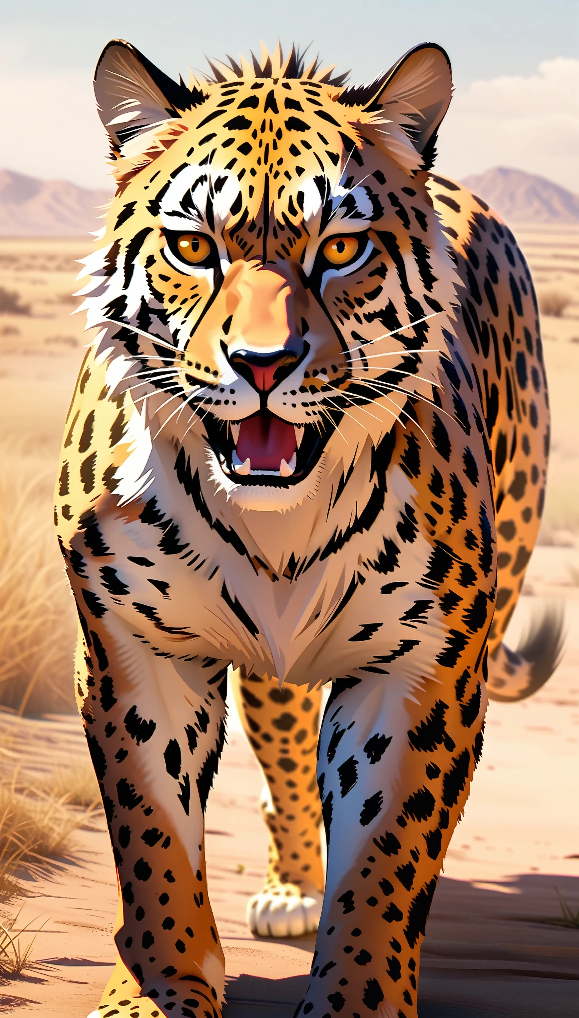 a cheetah, photorealistic, 8k, highly detailed, 1 cheetah, looking directly at camera, running on the savanna, extreme detail, beautiful fur, dynamic pose, powerful muscles, sharp focus, realistic textures, natural lighting, vibrant colors, cinematic composition