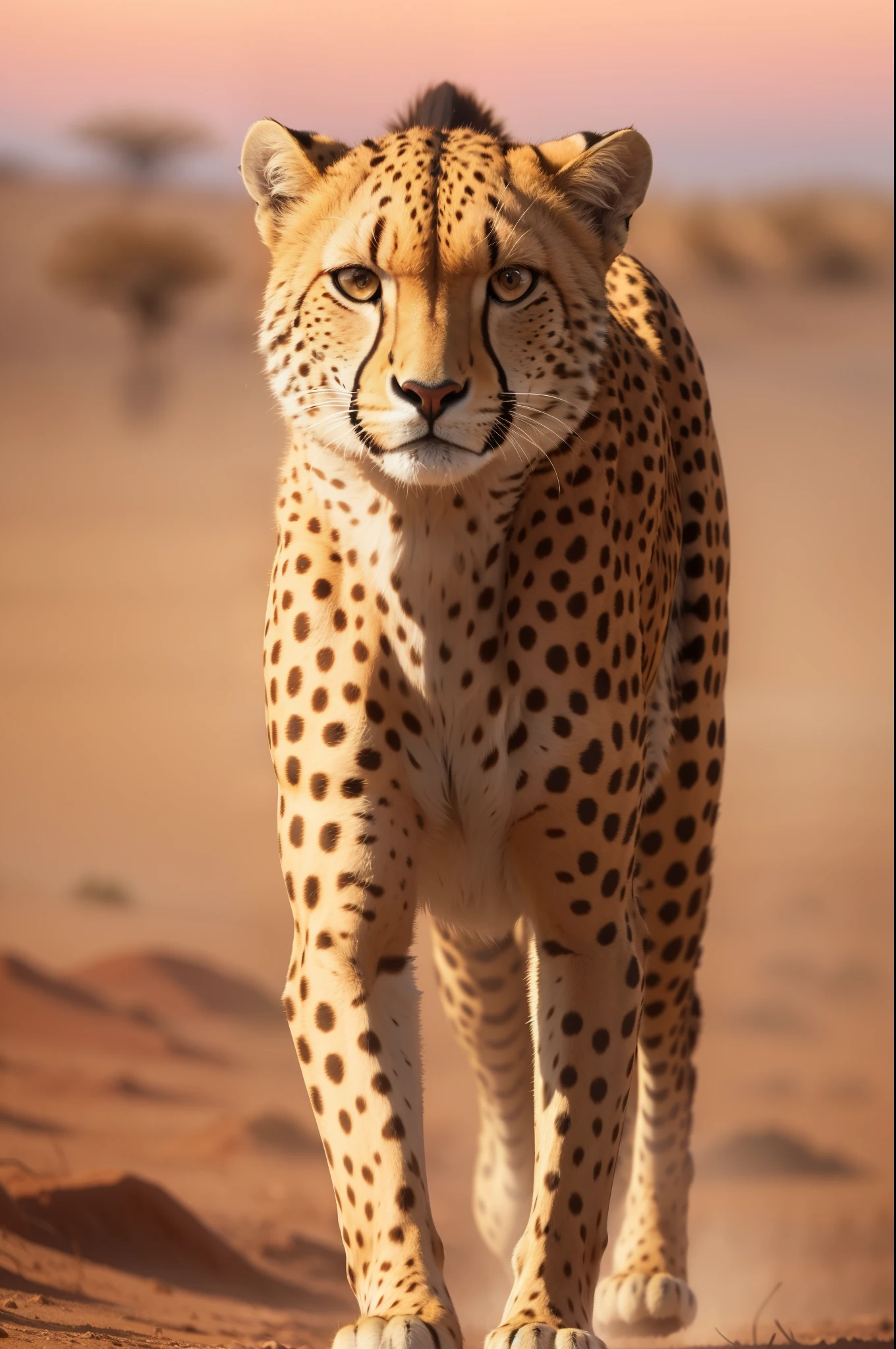 a cheetah running across a dry savanna, detailed fur texture, muscular body, intense focus in eyes, dust kicking up, golden hour lighting, cinematic dramatic composition, photorealistic, 8k, high resolution, best quality, extremely detailed