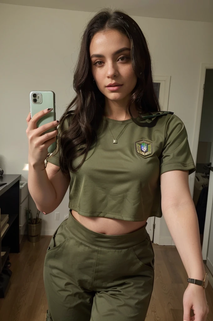 arafed woman taking a selfie in a green crop top, wearing military outfit, military outfit, wearing a sexy cropped top, army girl outfit, outfit photo, wearing crop top, 2 4 year old female model, military girl, crop shirt, pregnant, half body cropping, physical : midriff, with two front pockets, wide hips