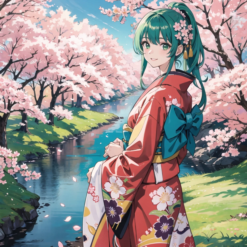 (best quality, masterpiece), 1 Girl, 20 years old, Green Hair,amazing, Lovely, Warm smile, kimono,Hands down,Sunlight,Cherry blossoms,landscape