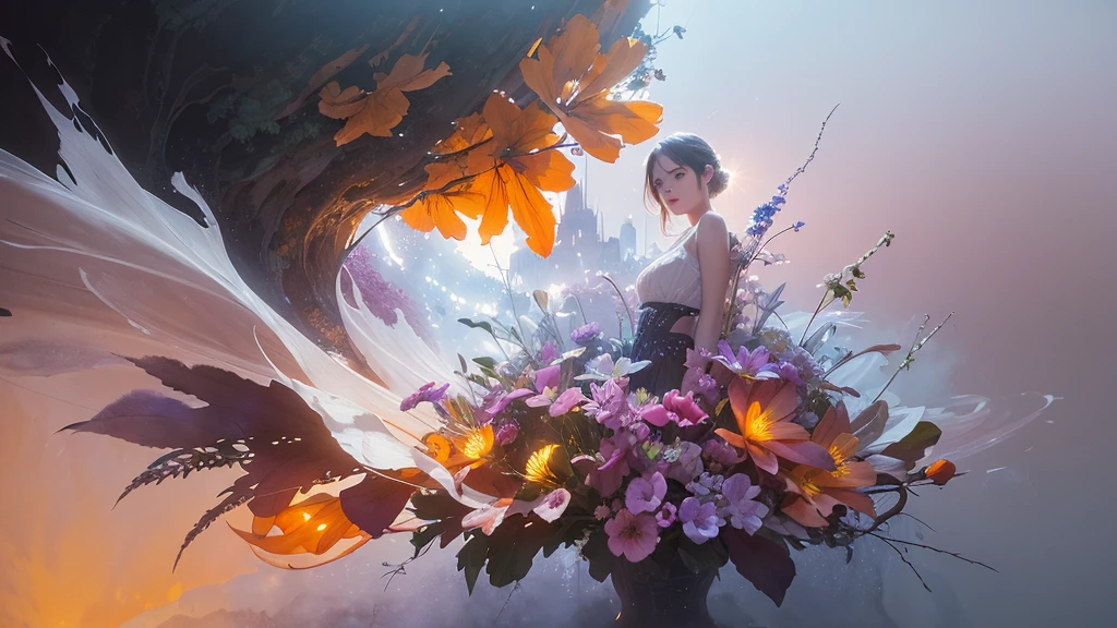 32k, Masterpiece, Highest quality, One girl, Detailed eyes, flower,Alstroemeria, White and orange style,A dreamy, romantic piece,Pale purple, Mysterious Leaves,A playful arrangement,Fantasy,High Contrast,Ink strokes,explosion,Exposure, Impression of white and orange tones,Abstract,((Watercolours by John Berkey and Jeremy Mann )) Brush strokes,Negative Space, Tyndall effect,