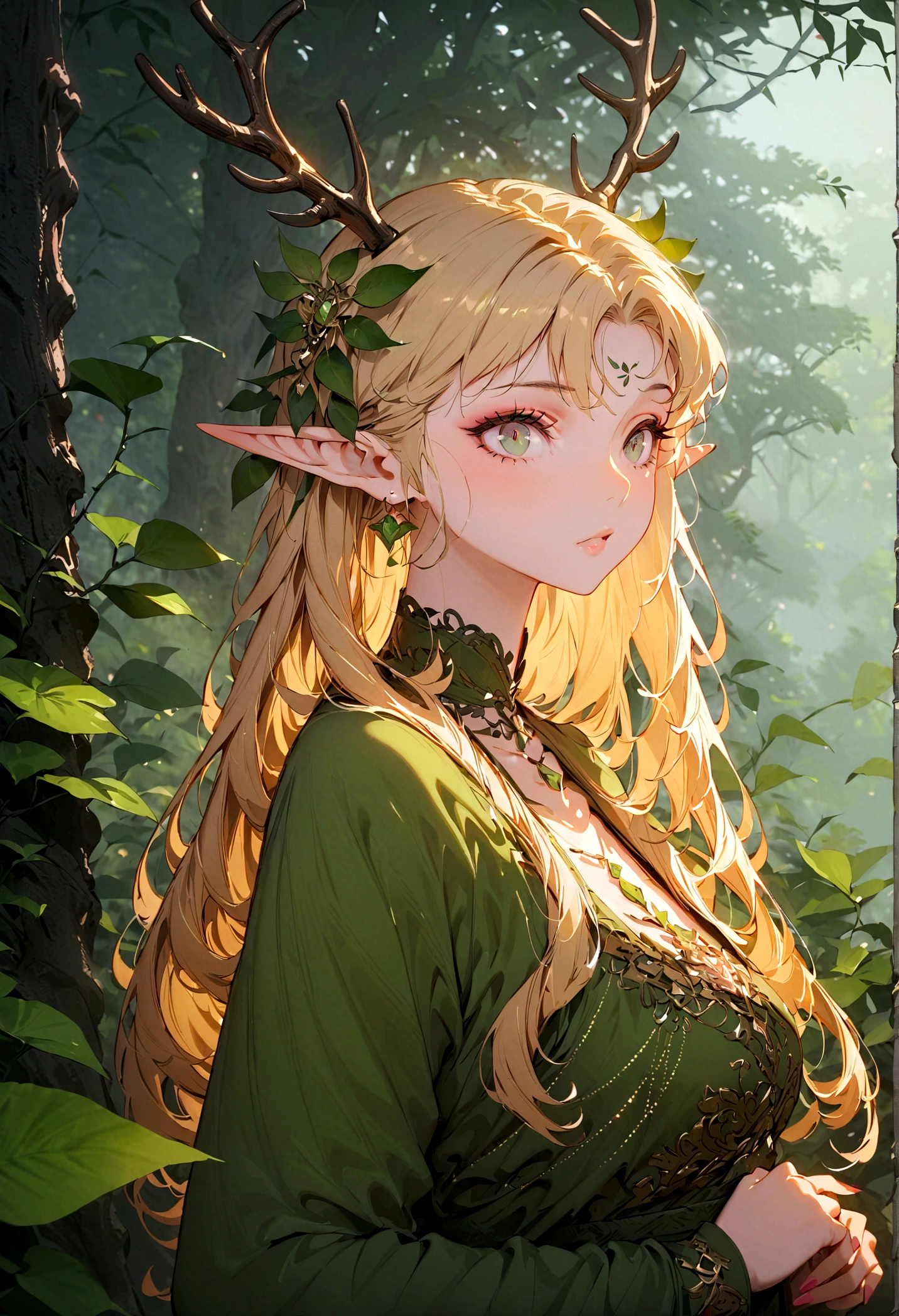 (masterpiece, best quality), 1 Girl, Intricate details, Blonde, leaf, curls, Looking at the audience, Elf, Upper Body, forest, Ruffles, mist, antlers,