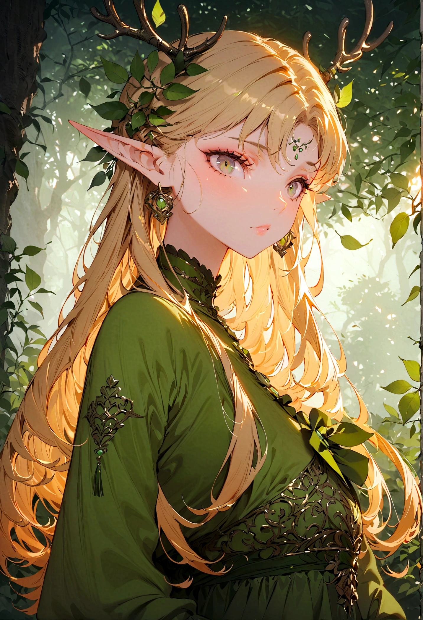 (masterpiece, best quality), 1 Girl, Intricate details, Blonde, leaf, curls, Looking at the audience, Elf, Upper Body, forest, Ruffles, mist, antlers,