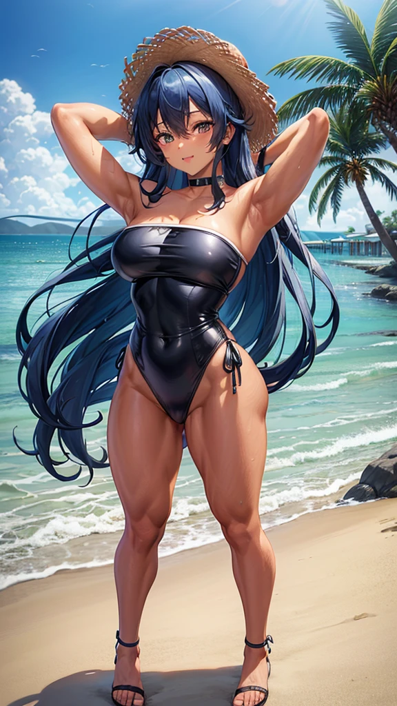 av idol, 32-years-old dark tan skin with long blue hair and eyes Wearing a Strapless Swimsuits, beach pier background, arms behind head