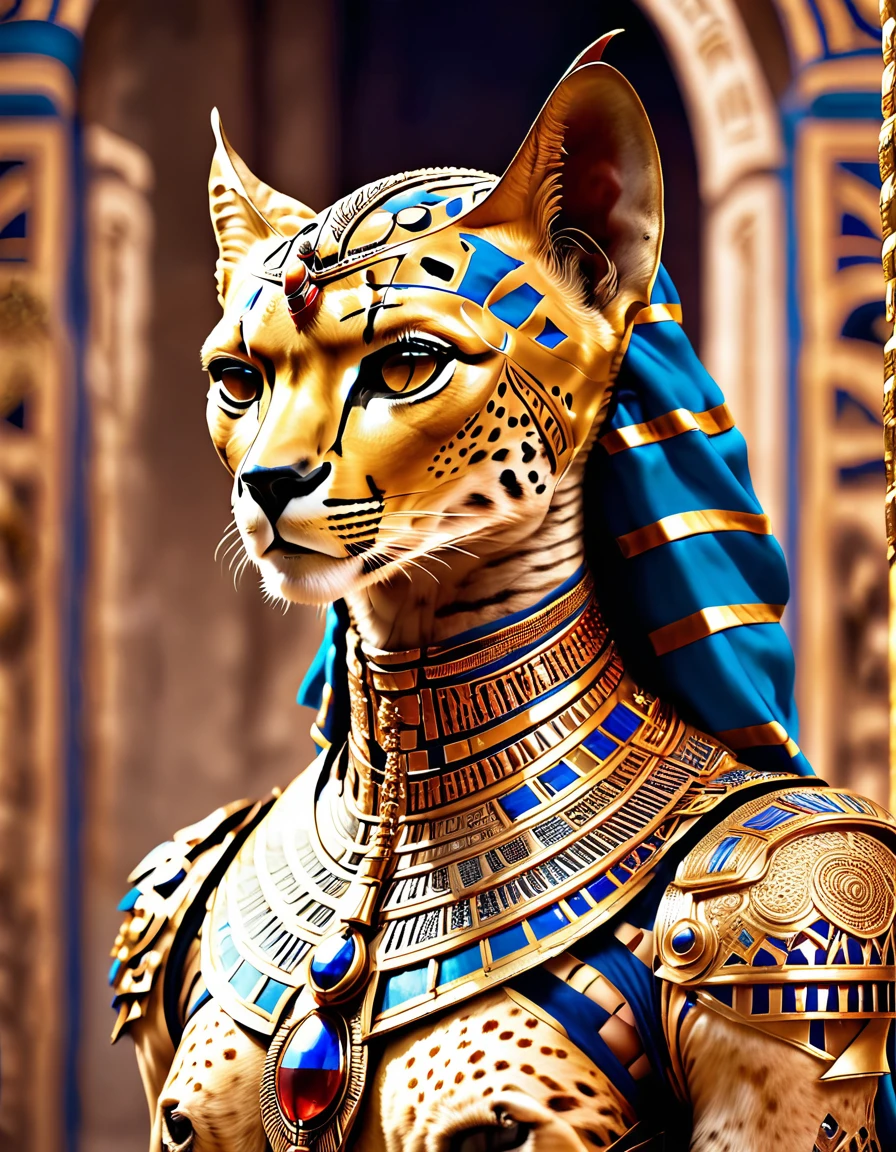 general shot whole body, ((pay attention, a pharaoh cheetah dressed as a pharaoh, human mitas:1.5)), 2 chitas abanicando al chita faraon:1.4, Elegance, gold ornaments, opulence, silk curtains letting sunlight filter in, and moving by the gentle desert wind (raw photo, Best Quality, Masterpiece, photorealistic, of the highest quality, Maximum image quality, high resolution, 8k, HD:1.2), vibrant,ethereal lighting,sharp focus,ultra detailed,