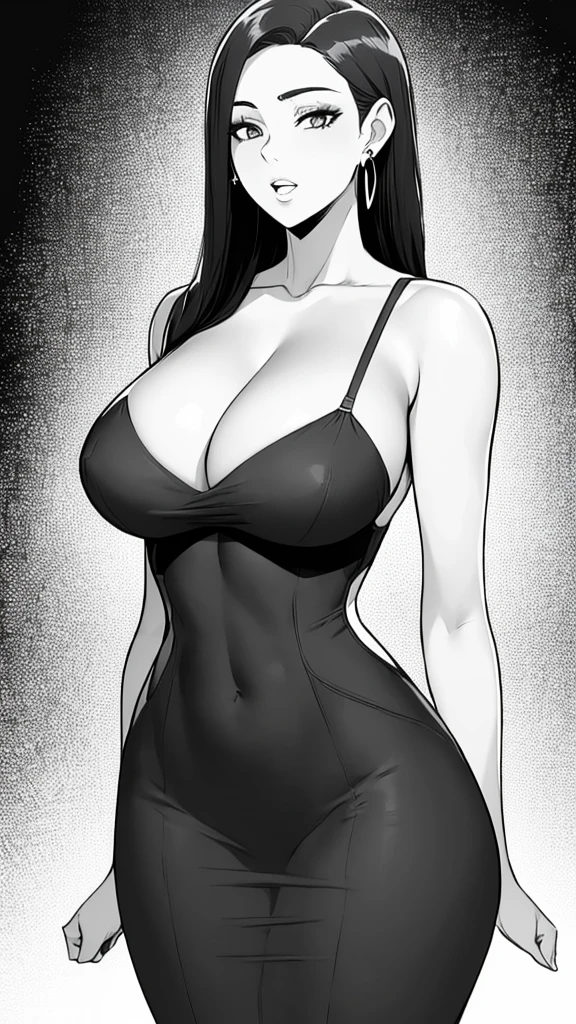 1girl,solo,long hair,breasts,looking at viewer,large breasts,simple background,white background,dress,cleavage,jewelry,very long hair,standing,monochrome,greyscale,earrings,parted lips,clothing cutout,cleavage cutout,wide hips,hoop earrings