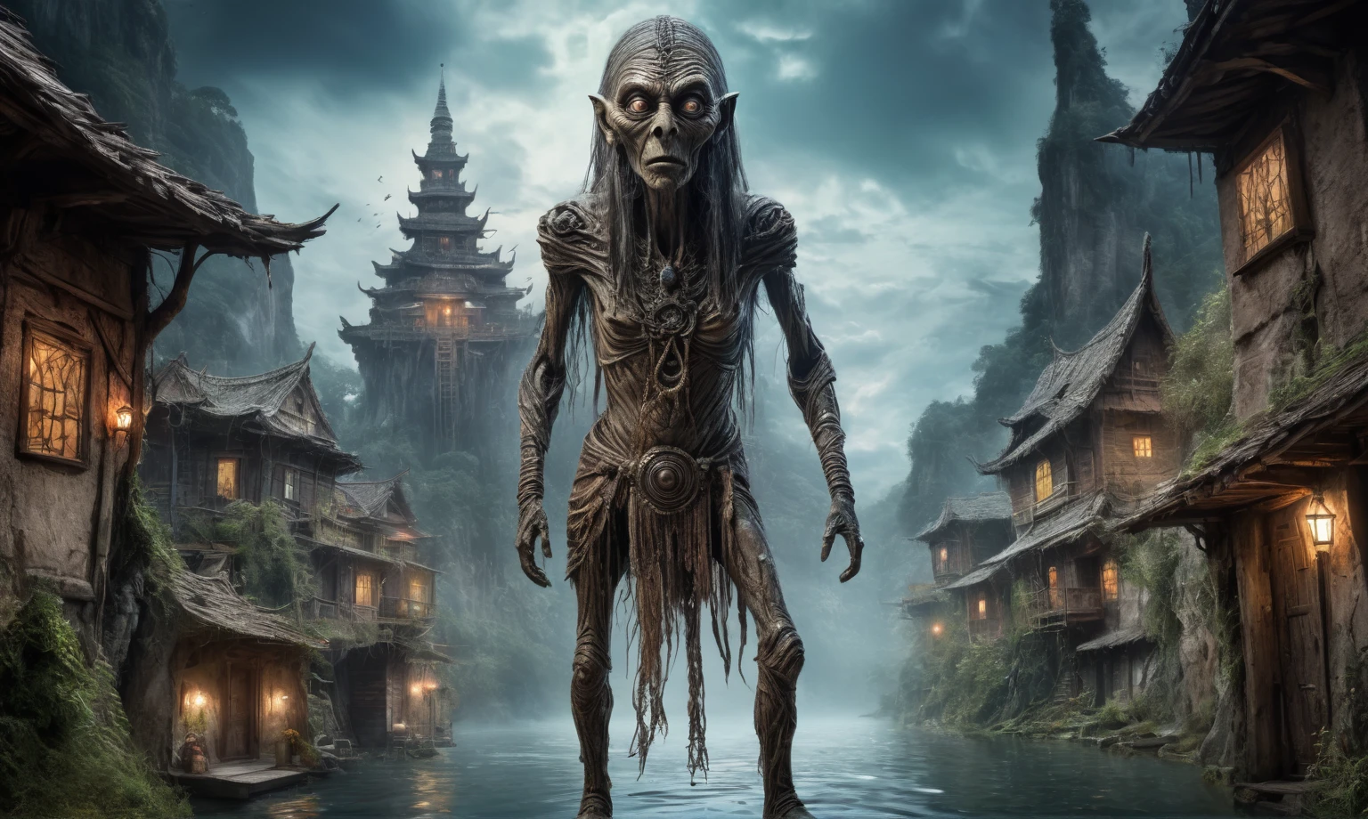 full body length shot,very beggar niobium mummy of Alien Entity,native american half-Puck, wants eat,survival,Medieval fairyland, Medieval castle ,Cinematic,soft colors, Technicolor,natural skin textures, hyper realism, hyper detailed,Extremely detailed,High contrast,Masterpiece,Realistic,Ultra Detailed, intricate details,realistic humid leather,extremly intricate,Epic Realistic, cinematic style, irina yermolova,high contrast,hdr,extremely detailed, deep night landscape,masterpiece, intricate details, eyes extremely detailed, high detailed eyes,8k resolution,retina, Nikon Z9,Norsemade,Li River seaside, Elf,transition between two art styles, Double contact, X-ray, Creative, vivid light, fantasy Abstract, Surrealism, super detailed, high resolution, traps against fairies between houses in air,insanity wear,portal,magic