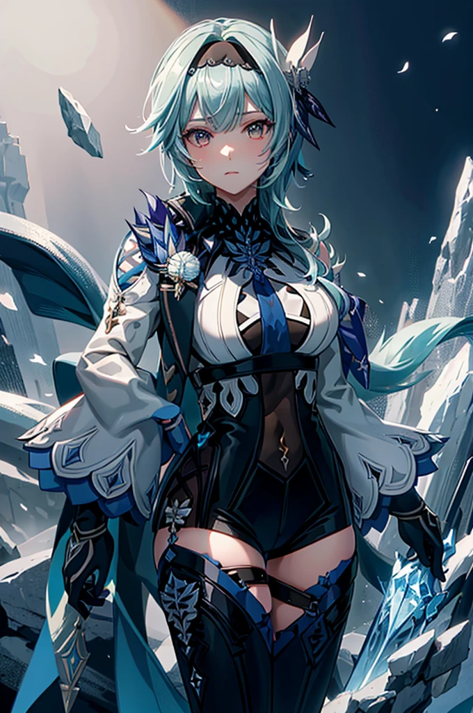 ((euladef)):1.5,((masterpiece,Highest quality,Highly detailed images,Beautiful images))1.4(Huge crystal in the background、Overall dim lighting、Backlight、A fantastic atmosphere、Thick Fog、Dust flutters)1.3,(Close-up image of eula)1.1、(Beautiful cleavage、Exposing cleavage)Mr.々A pose