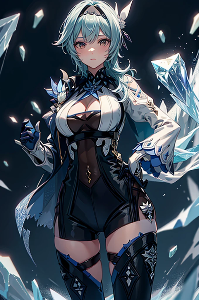 ((euladef)):1.5,((masterpiece,Highest quality,Highly detailed images,Beautiful images))1.4（Huge crystal in the background、Overall dim lighting、Backlight、A fantastic atmosphere、Thick Fog、Dust flutters)1.3,(Close-up image of eula)1.1、（Beautiful 、Exposing ）Mr.々A pose
