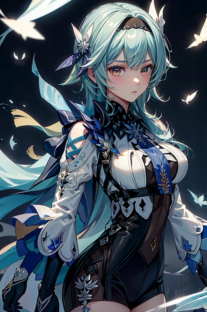 ((euladef)):1.5,((masterpiece,Highest quality,Highly detailed images,Beautiful images))1.4(Huge crystal in the background、Overall dim lighting、Backlight、A fantastic atmosphere、Thick Fog、Dust flutters)1.3,(Close-up image of eula)1.1、(Beautiful cleavage、Exposing cleavage)Mr.々A pose