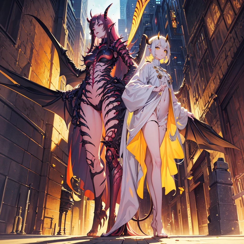 (masterpiece art, high best quality image, very detailed features) looking down, looking up
1monster, non human features, ugly and disturbing, wasp humanoid abomination, 5 meters height, red exoskeleton, big long wasp head, four horns, two yellow eyes with scarlet triangled pupils, closed big mouth full of sharp lined yellow teeth, yellow mouth pincers, very long arms, hands with long fingers and thumbs ended in sharp pink claws, two short arms in the chest, long sharped legs, big feet, toes with claws, long and fat wasp tail with long sharp sabre sting, huge purple bat wings on the back, pink tentacles from the wings,
Its standing dominant and calm on a destroyed city park, located in Ottawa Canada, raining day