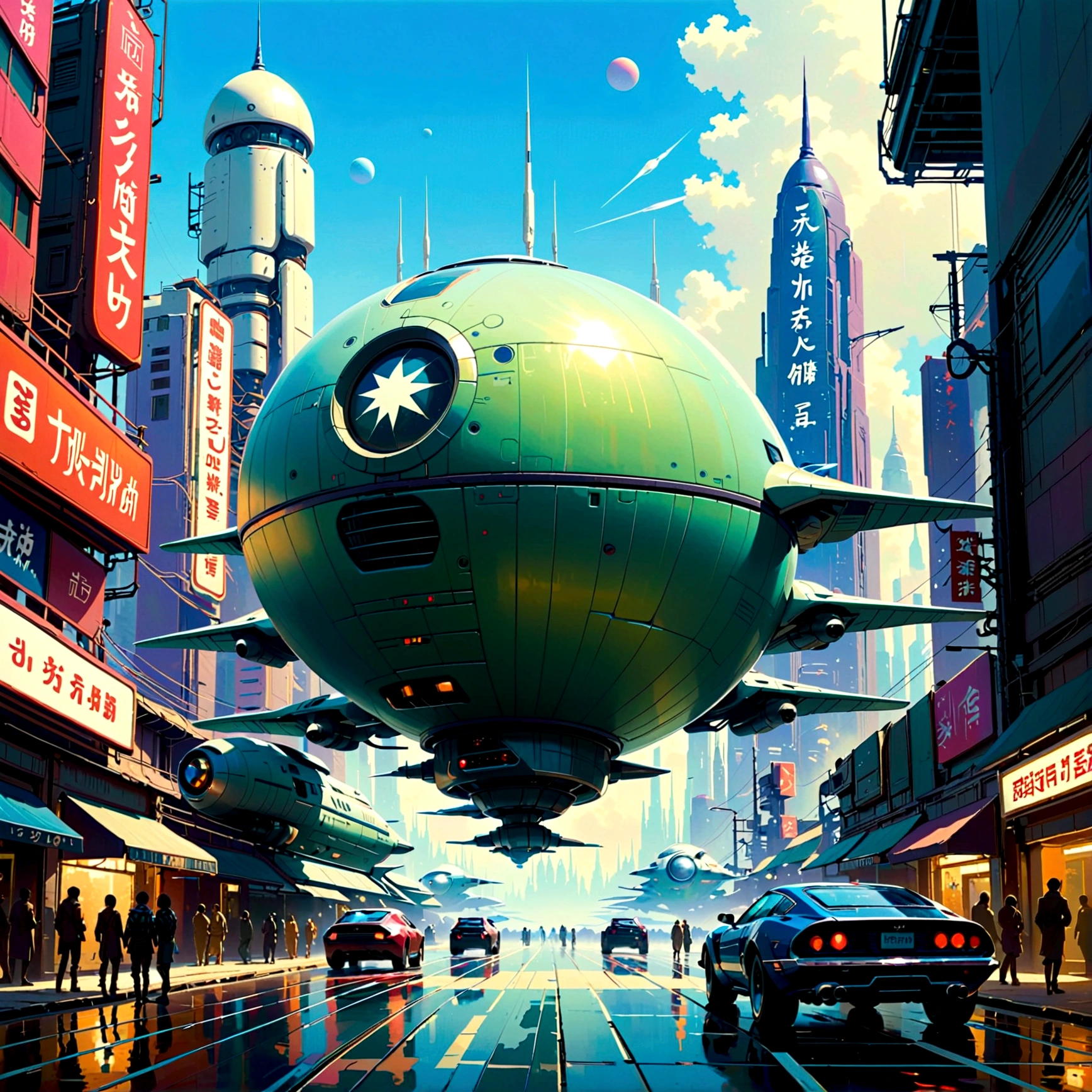 Star Farm City, A far-future sci-fi deco-punk painting by Greg Manchess and Makoto Shinkai, Popular on ArtStation, [:Vibrant numbers:0.4]