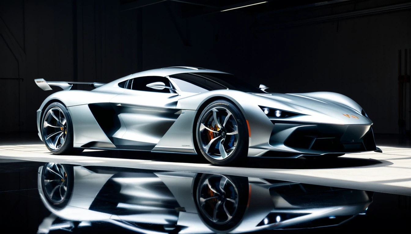 Futuristic sports car, minimalist garage, sleek design, metallic paint, studio lighting, by WETA Workshop and Vehicle Design, artstation, hyperrealistic, (shadows:1.5) for depth, (reflections:1.5) on the car body