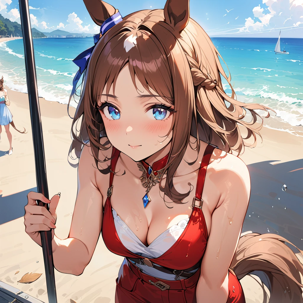 ((16k, highest quality, master piece: 1.2, super detailed, super high resolution, super detailed)), 1 girl, Glass Wonder \(umamusume\), Chestnut Hair, one girl, animal ears, horse tail, Blue Eyes, fashionable, elegance, charming, seductive, stunning, charming cleavage, lovely, charming, cute, beautiful detailed face, beautiful detailed eyes, soft expression, slim Beautiful figure, curvaceous, Small breasts, slender arms, graceful hands, delicate fingers, slim wrists, elegant neck, bare shoulders, smooth skin, Seaside, sandy beach, Outdoors, blue sky,(red Bikini Swimwear, drenched, Wet skin)), (She is standing, in the process of removing her wet white t-shirt, distant view)