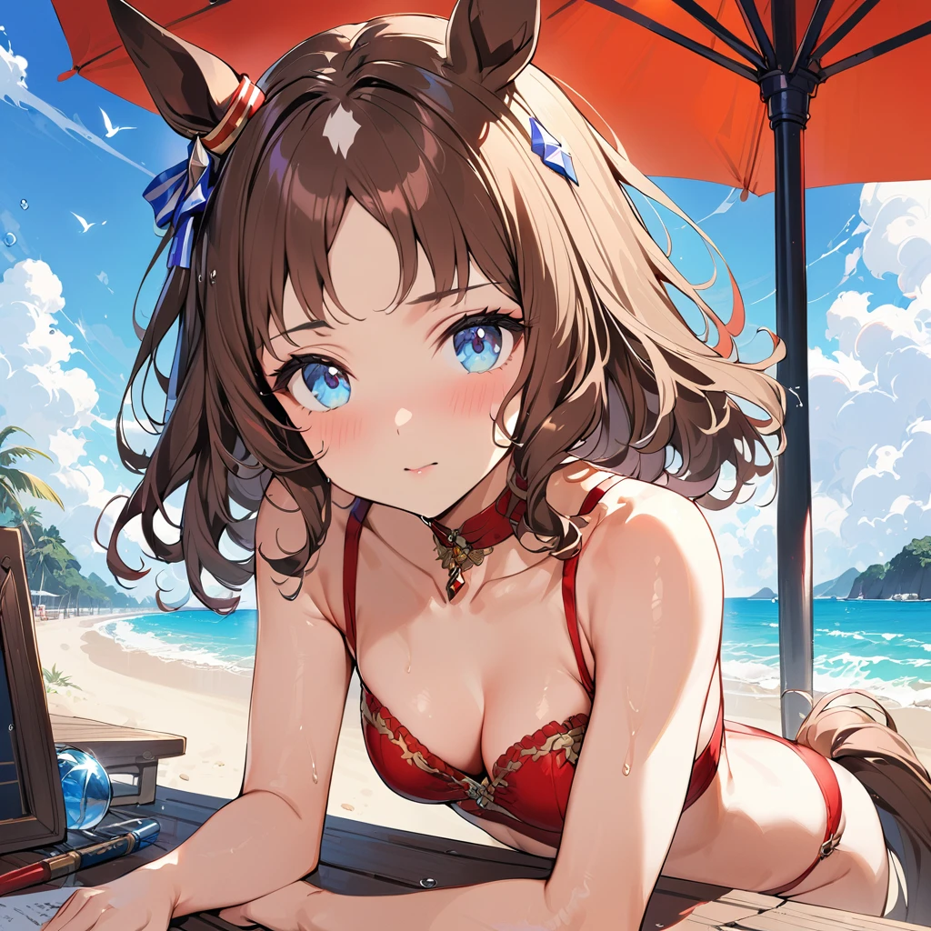 ((16k, highest quality, master piece: 1.2, super detailed, super high resolution, super detailed)), 1 girl, Glass Wonder \(umamusume\), Chestnut Hair, one girl, animal ears, horse tail, Blue Eyes, fashionable, elegance, charming, seductive, stunning, charming cleavage, lovely, charming, cute, beautiful detailed face, beautiful detailed eyes, soft expression, slim Beautiful figure, curvaceous, Small breasts, slender arms, graceful hands, delicate fingers, slim wrists, elegant neck, bare shoulders, smooth skin, Seaside, sandy beach, Outdoors, blue sky,(red Bikini Swimwear, drenched, Wet skin)), (She is standing, in the process of removing her wet white t-shirt, distant view)
