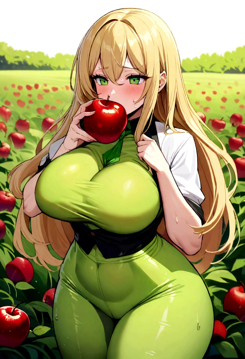 a beautiful and sensual cowgirl girl with blonde hair and beautiful green eyes, with big and soft breasts, big hips and tight clothes, She is sweaty from working so much and she is in the middle of the field sensually eating an apple.