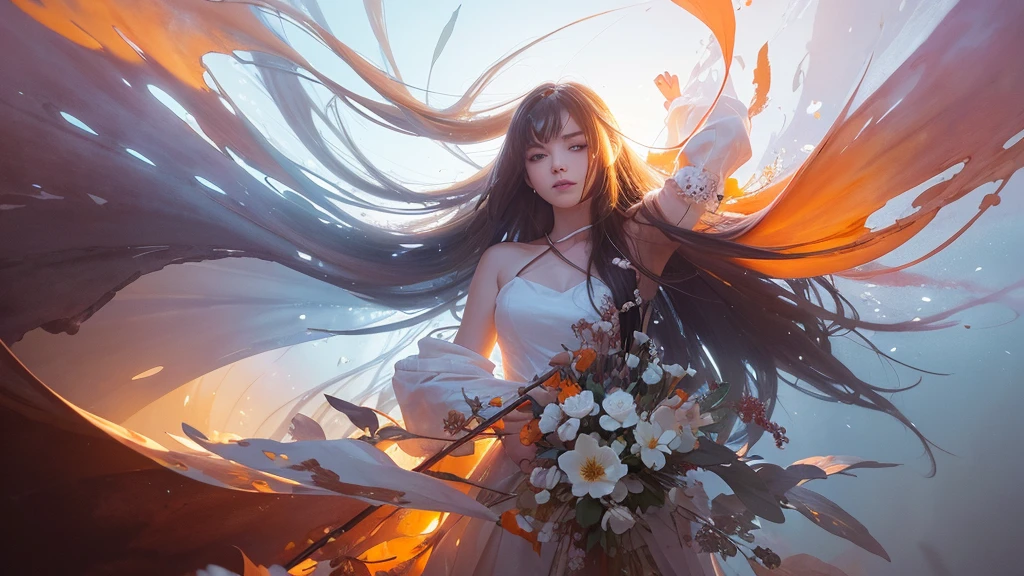 32k, Masterpiece, Highest quality, One girl, Detailed eyes, flower,Alstroemeria, White and orange style,A dreamy, romantic piece,Pale purple, Mysterious Leaves,A playful arrangement,Fantasy,High Contrast,Ink strokes,explosion,Exposure, Impression of white and orange tones,Abstract,((Watercolours by John Berkey and Jeremy Mann )) Brush strokes,Negative Space, Tyndall effect,
