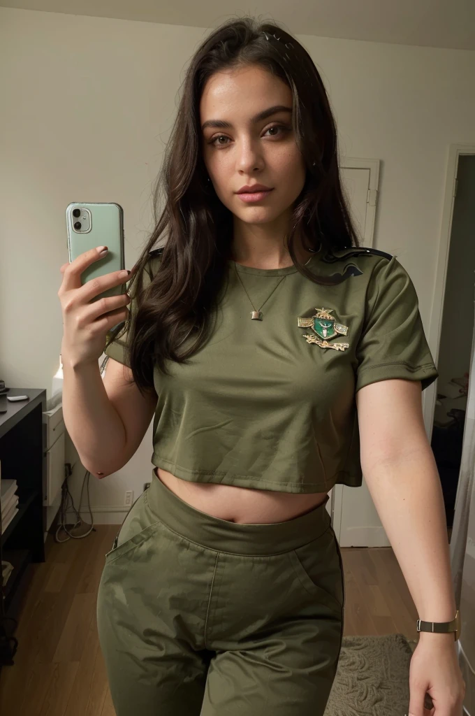 arafed woman taking a selfie in a green crop top, wearing military outfit, military outfit, wearing a sexy cropped top, army girl outfit, outfit photo, wearing crop top, 2 4 year old female model, military girl, crop shirt, pregnant belly, half body cropping, physical : midriff, with two front pockets, wide hips