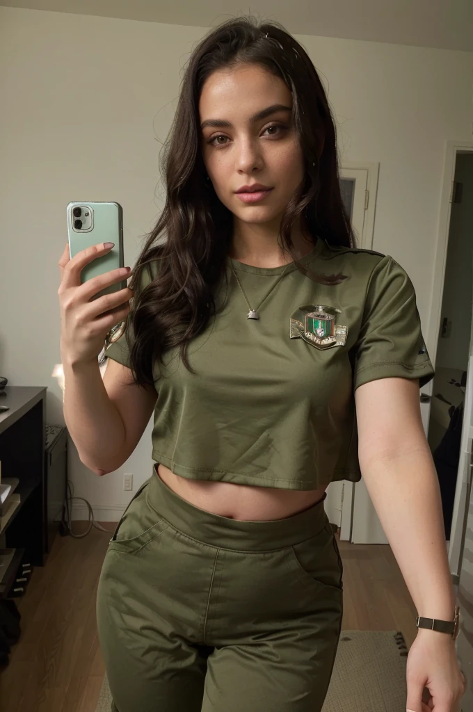 arafed woman taking a selfie in a green crop top, wearing military outfit, military outfit, wearing a sexy cropped top, army girl outfit, outfit photo, wearing crop top, 2 4 year old female model, military girl, crop shirt, pregnant belly, half body cropping, physical : midriff, with two front pockets, wide hips