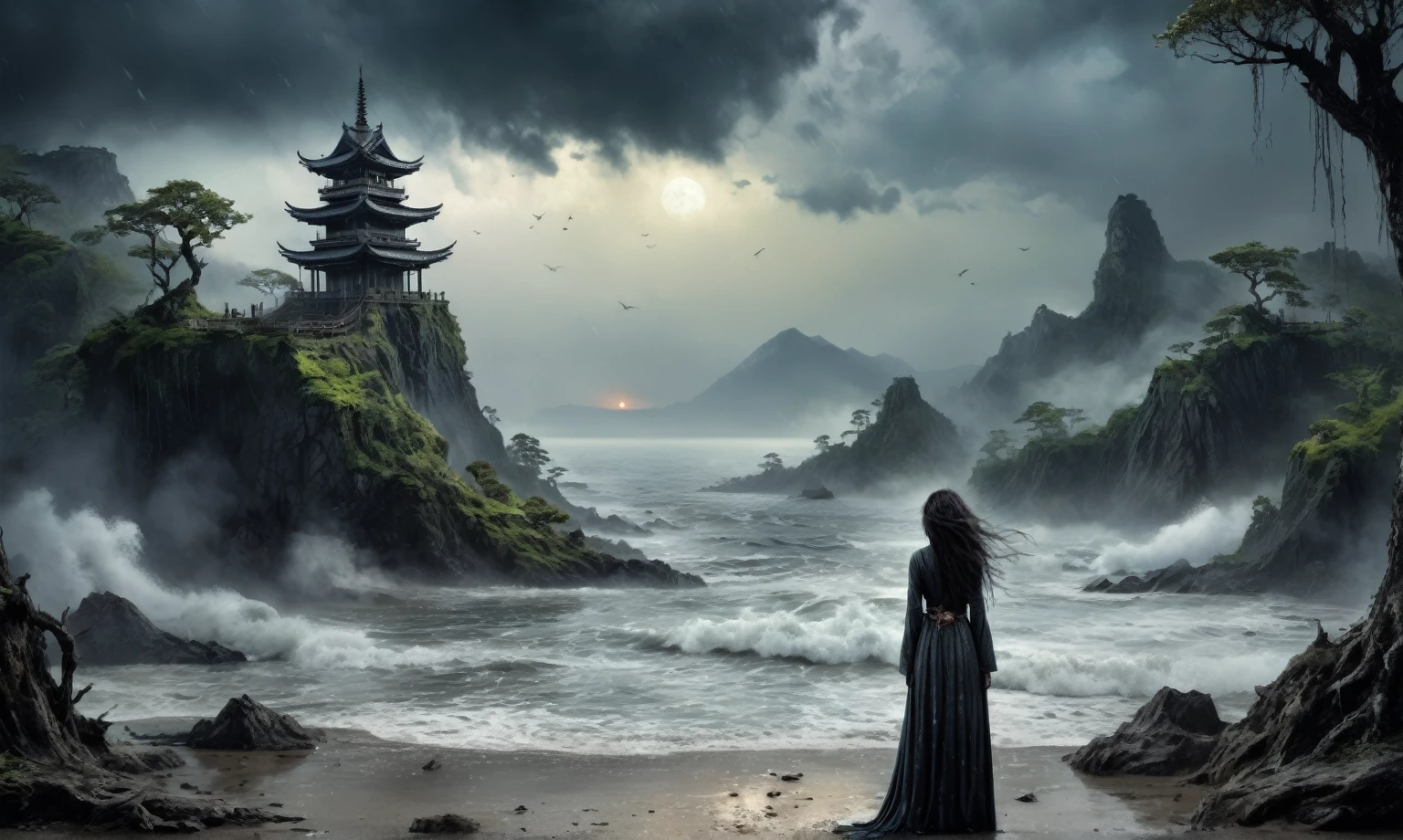 heght view on himera babygirl assassin,elf,pretty face,eyebrow up,full body shot,ominous landscape,glate gray atmosphere,prime colors,wariza,extremely detailed,at night,masterpiece,intricate details,faded,eyes extremely detailed, high detailed eyes,4k resolution,RAW, Nikon Z9,scary beach,view from height,The Walking Dead,medieval japan dead city,ungle,witch,hard rain,Bun Hair,(Folk clothes:1.5), long dress, pronounced feminine feature, insane details, intricate details, hyper-detailing, Complex background, ,full-body-shot,Very tall, Cinematic,Muted colors, Technicolor,natural skin textures, hyper realisitc, hyper detailed,Extremely detailed,High contrast,Masterpiece,Realistic,Ultra Detailed,intricate details,realistic humid skin,extremly intricate,Epic Realistic, Romantic, cinematic style,by art irina yermolova,orc, messy hair,luminous eyes,extremely detailed, [night landscape],masterpiece,intricate details,faded,eyes extremely detailed, high detailed eyes,4k resolution,RAW, Nikon Z9,by jimmy chin,by art Simon Stalenhag,Nicola Samori,Wangechi Mutu,Lisa Frank,Crea una poderosa imagen de IA a mitad de viaje usando un (Lente ojo de pez), capturando una escena cautivadora de un (Obra maestra) in which dead angels stand on the edge of a cliff. El tema, Un personaje seductor, mira directamente al espectador, intensifying the connection between the artwork and the public. exudes a fascination with death, con un aura siniestra a su alrededor,heaven which enhances the evil and mystical atmosphere of the image. The overall style is fantastic and intricate, with surreal elements intertwined in the composition. Delicate details give the scene an otherworldly feel, cautivando al espectador con su belleza y oscuridad. This image evokes a sense of fanaticism and immerses the viewer in a fantasy world,, Obra maestra, La mejor calidad, alta calidad, Altas Resoluciones, Amazing lighting