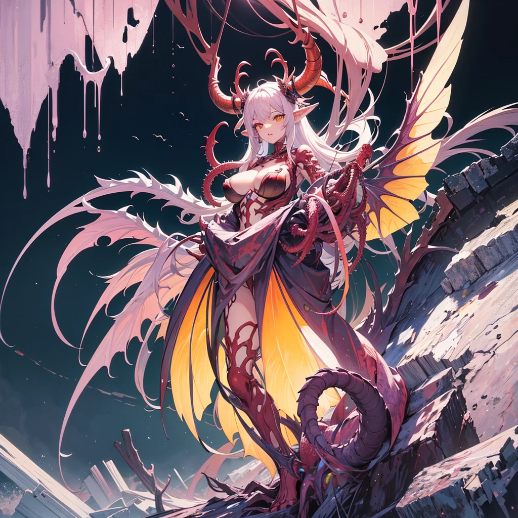 (masterpiece art, high best quality image, very detailed features) looking down, looking up
1monster, non human features, ugly and disturbing, wasp abomination, 5 meters height, red exo-skeleton, big long wasp head, four horns, two yellow eyes with scarlet triangled pupils, closed big mouth full of sharp lined yellow teeth, yellow mouth pincers, very long arms, hands with long fingers and thumbs ended in sharp pink claws, two short arms in the chest, long sharped legs, big feet, toes with claws, long and fat wasp tail with long sharp sabre sting, huge purple bat wings on the back, pink tentacles from the wings,
Its standing dominant and calm on a destroyed city park, located in Ottawa Canada, raining day
