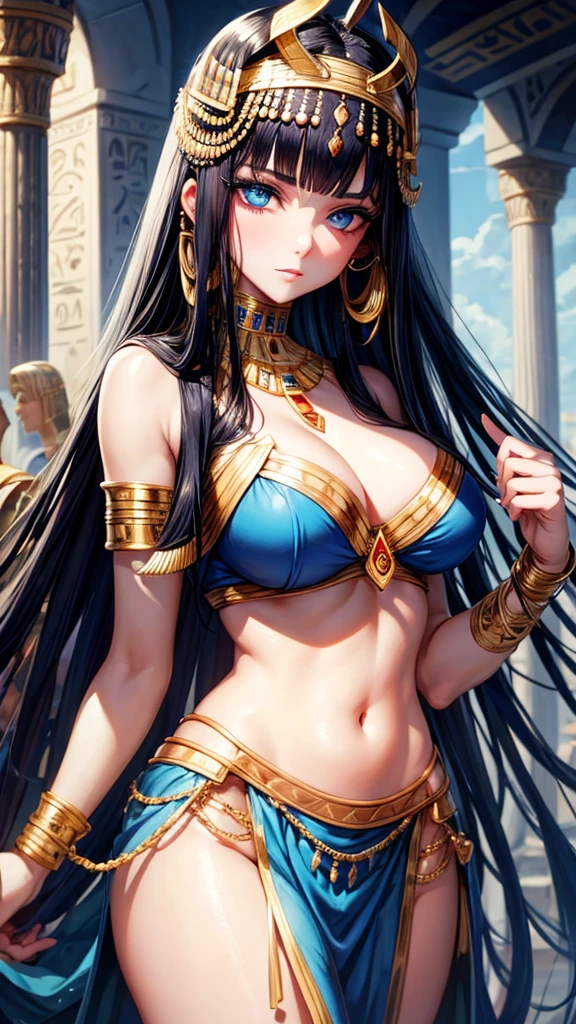 Cleopatra from Egypt blue eyes evil face she is beautiful she has big breasts Egyptian outfits on her face white skin rosy nose 