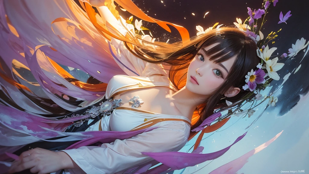 32k, Masterpiece, Highest quality, One girl, Detailed eyes, flower,Alstroemeria, White and orange style,A dreamy, romantic piece,Pale purple, Mysterious Leaves,A playful arrangement,Fantasy,High Contrast,Ink strokes,explosion,Exposure, Impression of white and orange tones,Abstract,((Watercolours by John Berkey and Jeremy Mann )) Brush strokes,Negative Space, Tyndall effect,