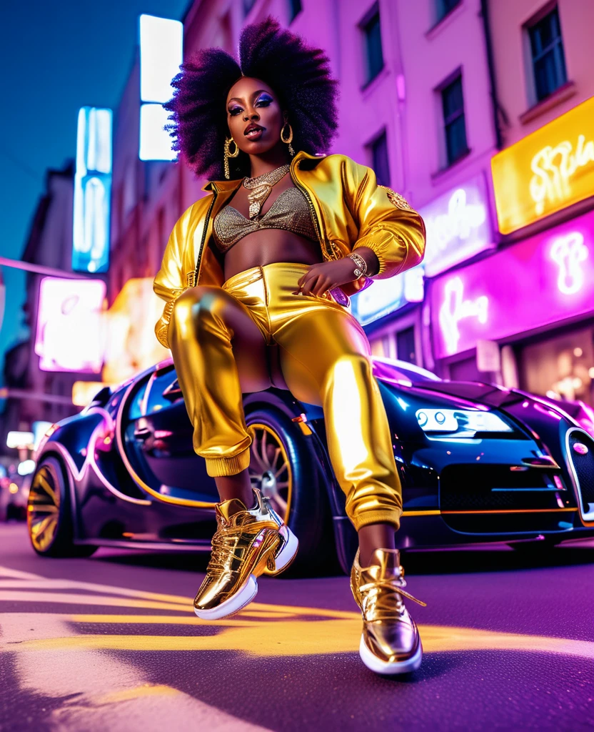 Low angle shot of a Camera viewing the black woman from her sneaker heals, of a black woman dressed in hiphop inspired clothes and sneakers, gold necklace and earrings, beautiful make up, standing in the middle of the street with a bugatti jumping above her head casting a shadow onto her, beautiful and vibrant colours lighting with iridescent light, providing a music video cinematic visual.
