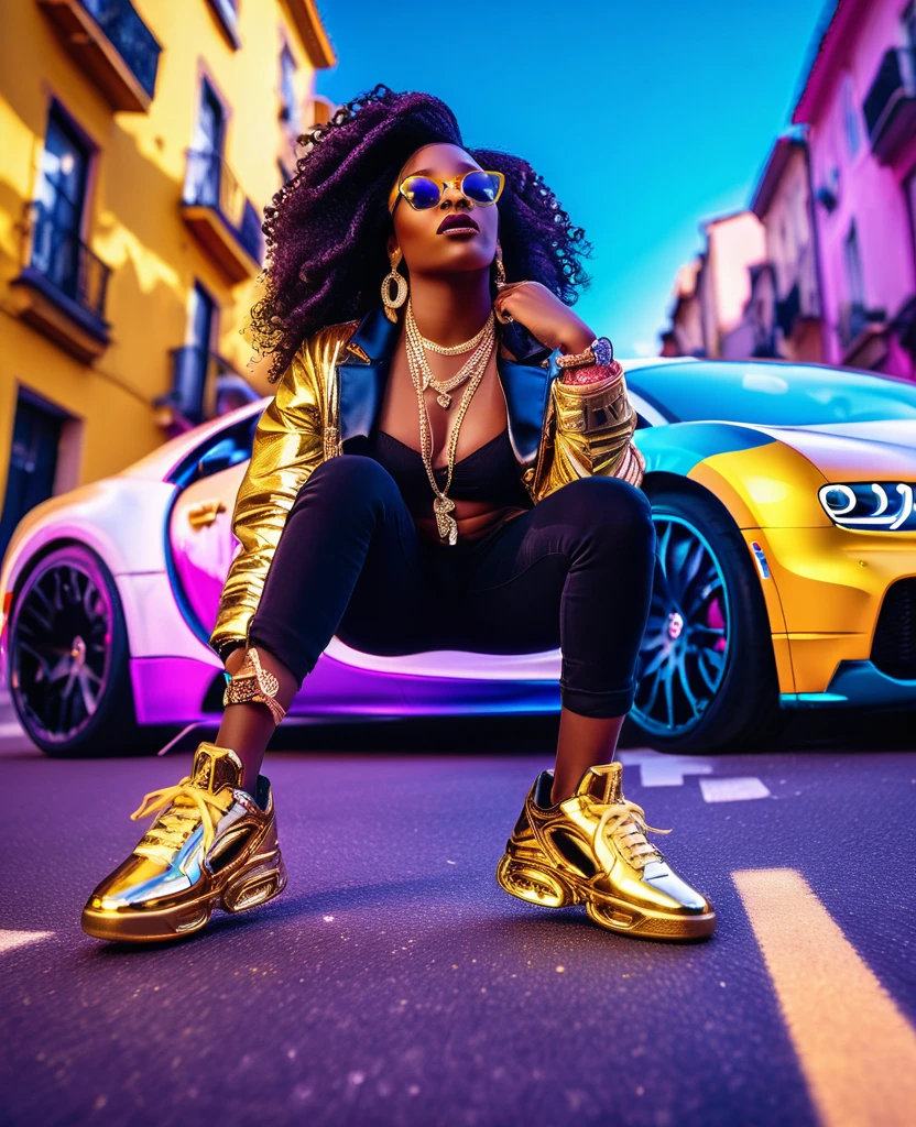 Low angle shot of a Camera viewing the black woman from her sneaker heals, of a black woman dressed in hiphop inspired clothes and sneakers, gold necklace and earrings, beautiful make up, standing in the middle of the street with a bugatti jumping above her head casting a shadow onto her, beautiful and vibrant colours lighting with iridescent light, providing a music video cinematic visual.