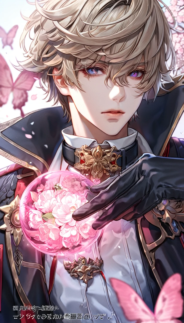 absurdres, highres, ultra detailed, HDR, master piece, best quality, extremely detailed face, delicated features, Julius Visconti, ash-blonde messy hair, short hair, hair that has bangs hanging on the left side, hair between the eyes, God Eater 2, solo, sexy man, handsome, a black collar with gold buckle, black coat, with gold accents, white shirt, black gloves, water, blossoms, pink flowers, pink butterflies, fantasy, magic, radiant